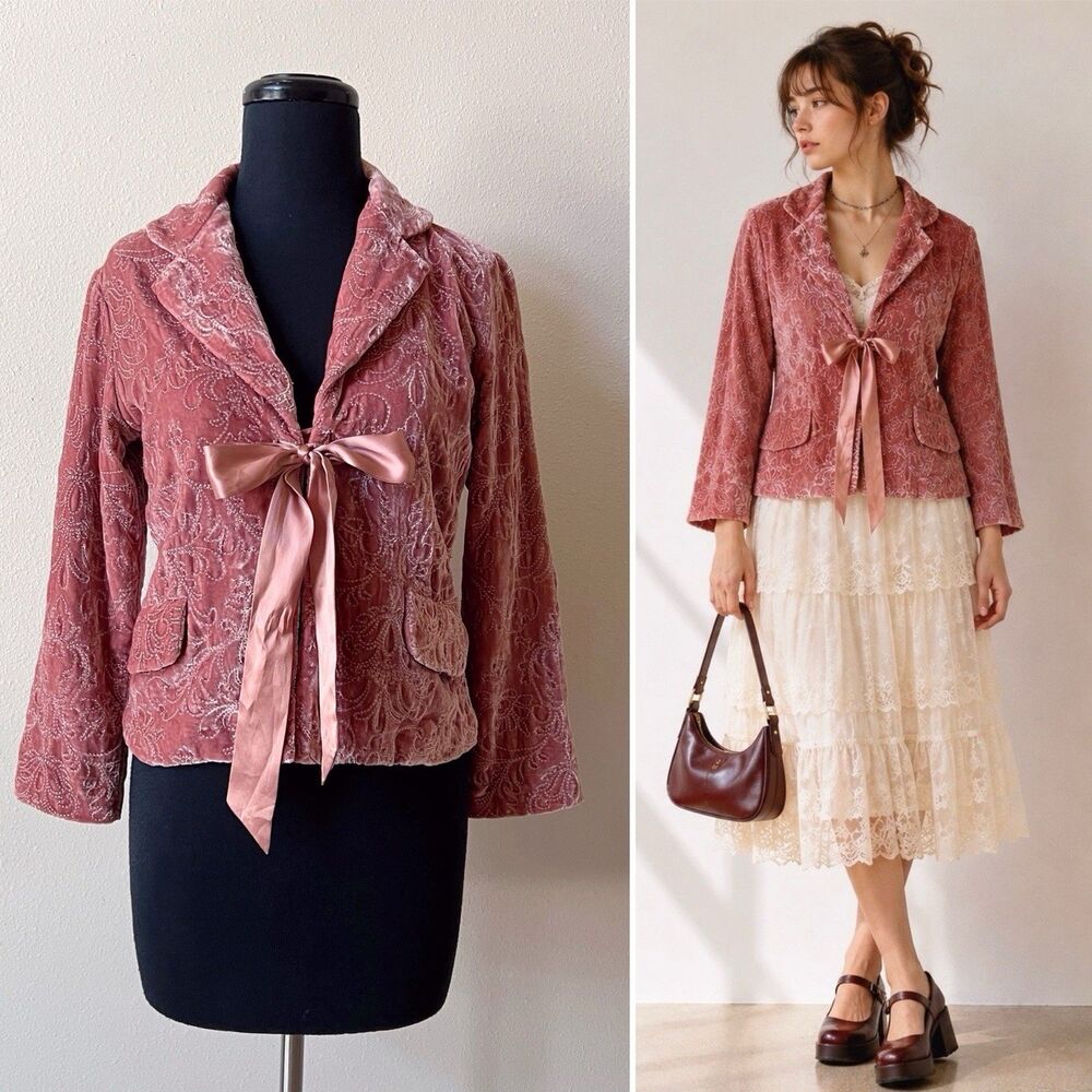 Vintage Anthropologie Fei Velvet Blazer Jacket 4 Dusty Rose Embroidered Twee Y2K